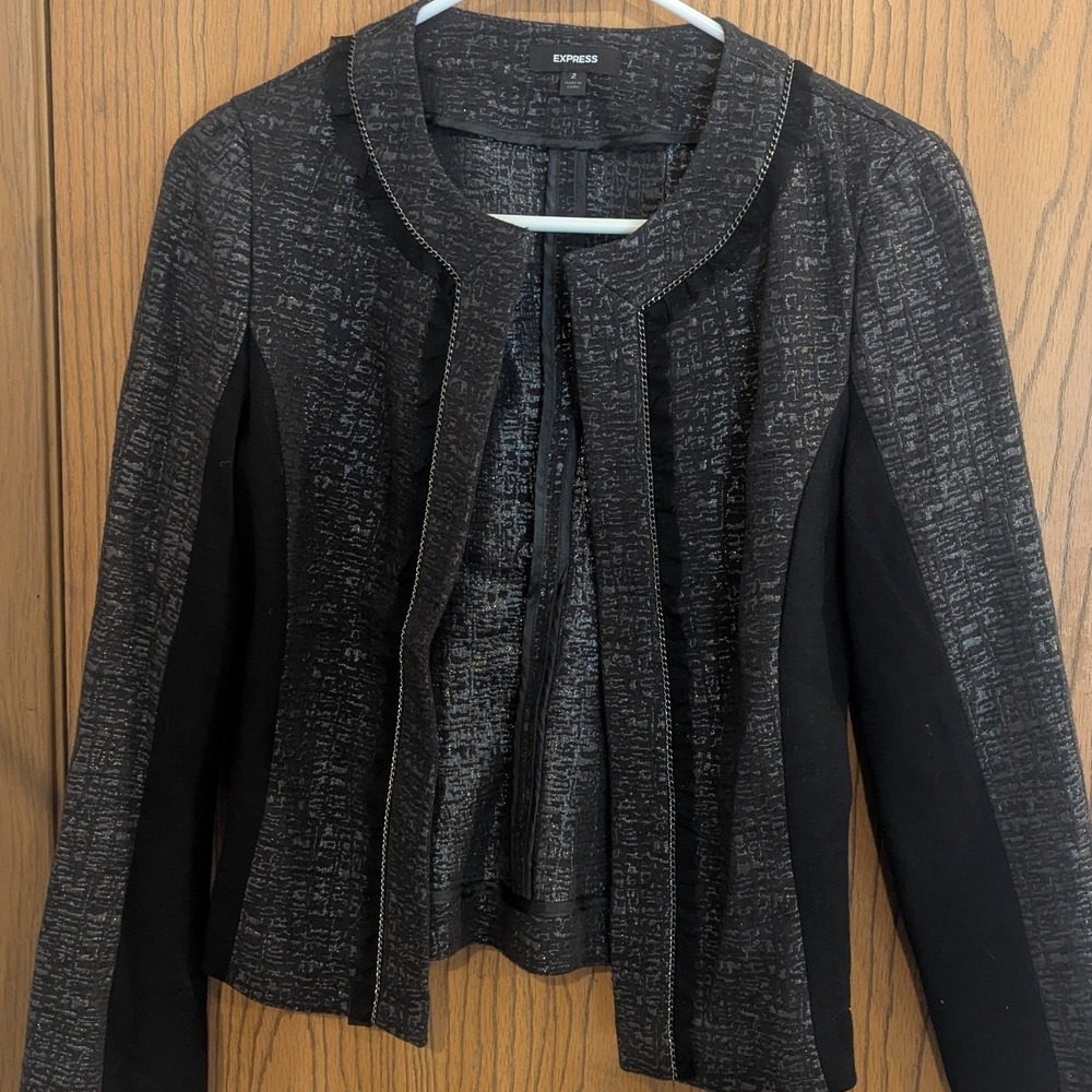 Express Metallic Black Jacquard Chain Trim Open Front Blazer Jacket Chic-2